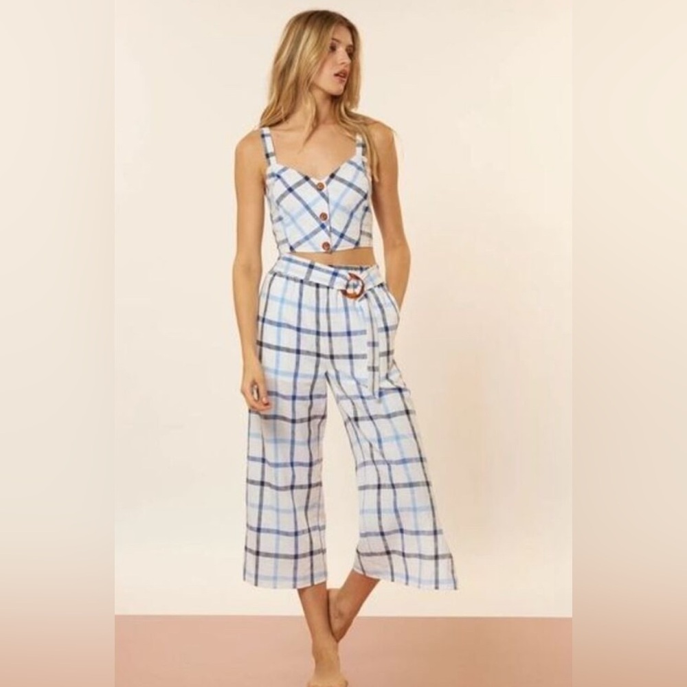 Red Carter Gingham Plaid Cropped Wide Split Leg Cotton Linen Pants Size S
